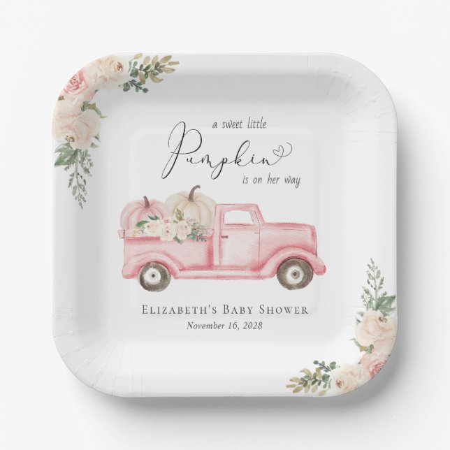 Pumpkin Pink Floral Truck Baby Girl Shower Paper Plates (Front)