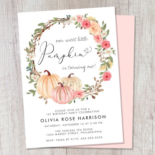 Pumpkin Pink Floral Watercolor 1st Birthday Party Invitation