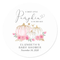 Pumpkin Pink Floral Watercolor Baby Girl Shower Classic Round Sticker
