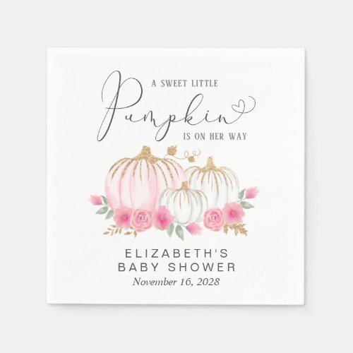 Pumpkin Pink Floral Watercolor Baby Girl Shower Napkins
