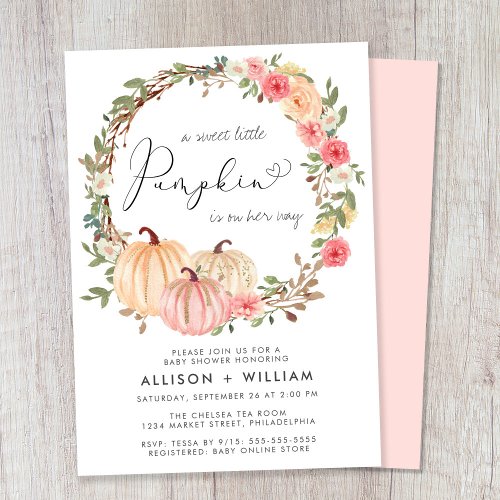 Pumpkin Pink Floral Watercolor Couples Baby Shower Invitation