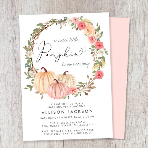 Pumpkin Pink Floral Watercolor Girl Baby Shower Invitation