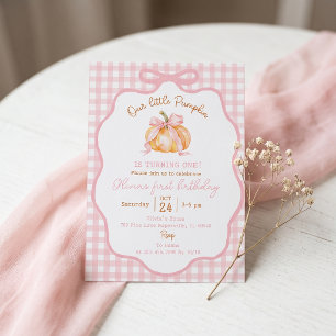 Pumpkin Pink Gibgham First Birthday Invitation