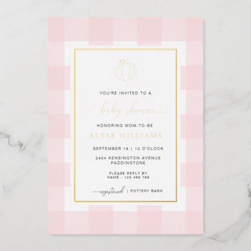 Pumpkin Pink Gingham Baby Shower Foil Invitation