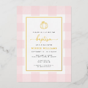 Pumpkin Pink Gingham Baptism Gold Foil Invitation