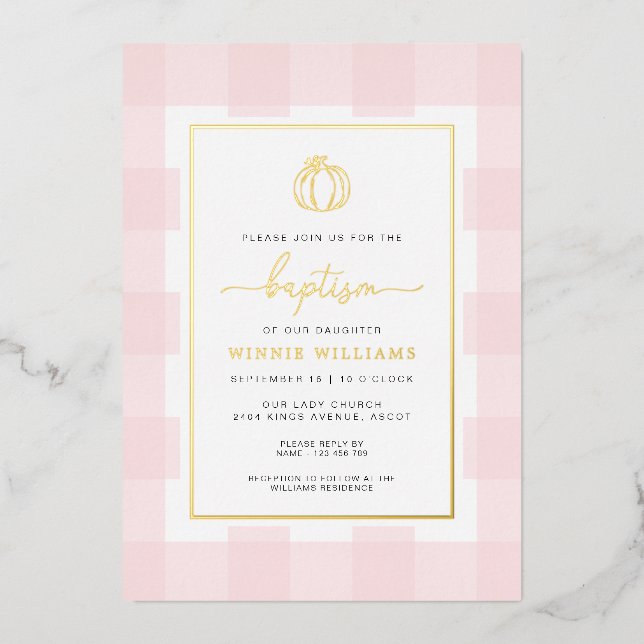 Pumpkin Pink Gingham Baptism Gold Foil Invitation (Front)