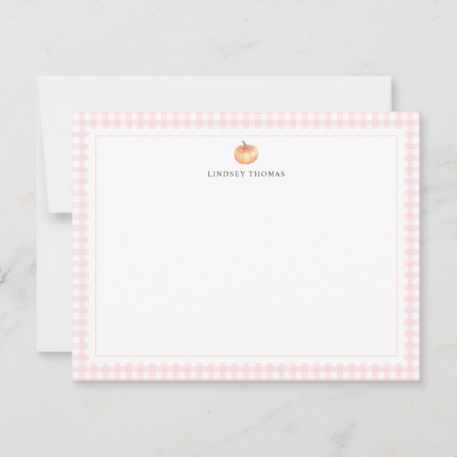 Pumpkin Pink Gingham Border Personalized Note Card (Front)