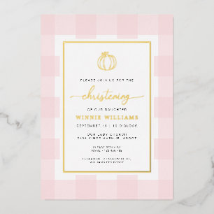 Pumpkin Pink Gingham Christening Foil Invitation