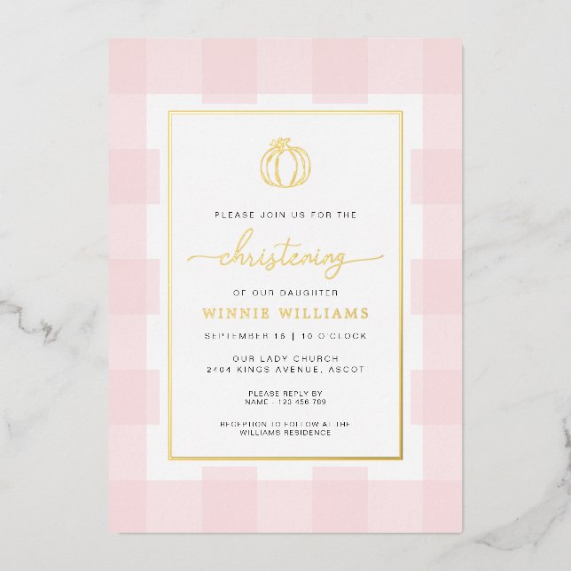 Pumpkin Pink Gingham Christening Foil Invitation (Front)