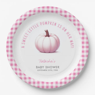 Pumpkin Pink Gingham Plaid Baby Girl Baby Shower Paper Plates