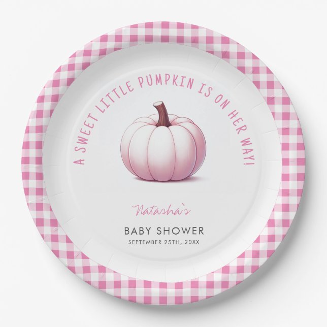 Pumpkin Pink Gingham Plaid Baby Girl Baby Shower Paper Plates (Front)