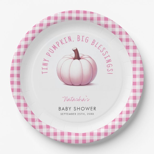 Pumpkin Pink Gingham Plaid Baby Girl Baby Shower Paper Plates (Front)