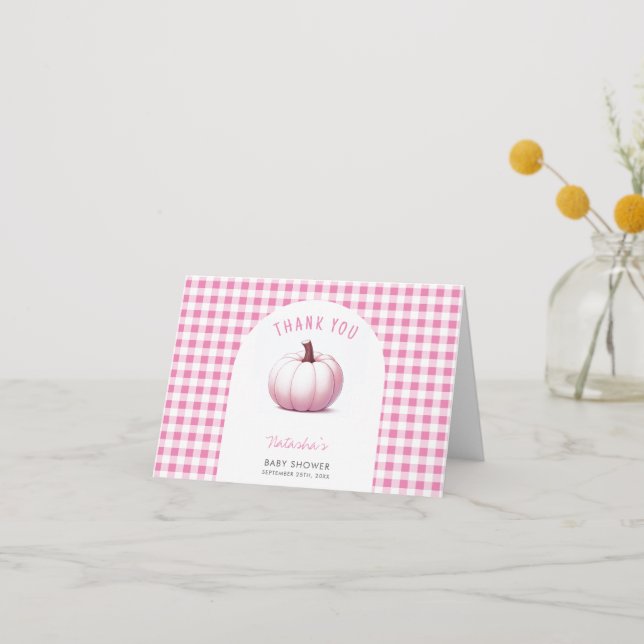 Pumpkin Pink Gingham Plaid Baby Girl Baby Shower Thank You Card (Front)