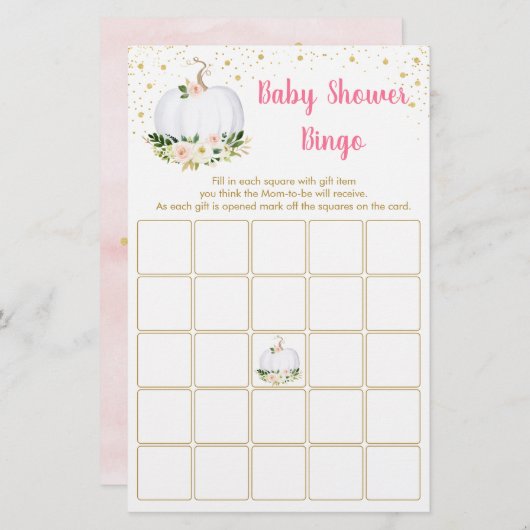 Pumpkin Pink Gold Baby Shower Bingo Game (Front/Back)