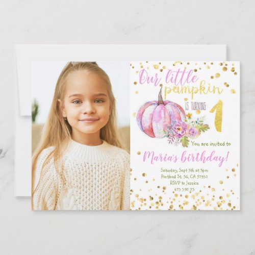 Pumpkin Pink Gold Confetti Birthday Invitation 