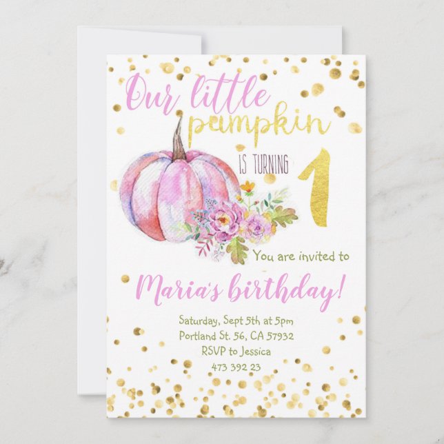 Pumpkin Pink Gold Confetti Girl Birthday Invitation (Front)