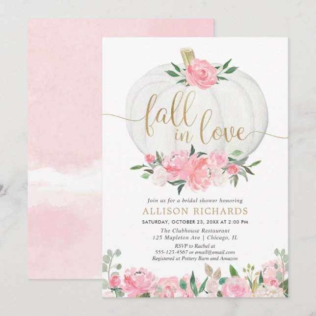 Pumpkin pink gold fall in love bridal shower invitation (Front/Back)