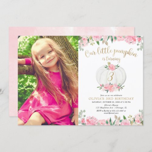 Pumpkin pink gold floral any age birthday photo invitation