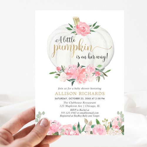 Pumpkin pink gold floral fall girl baby shower invitation