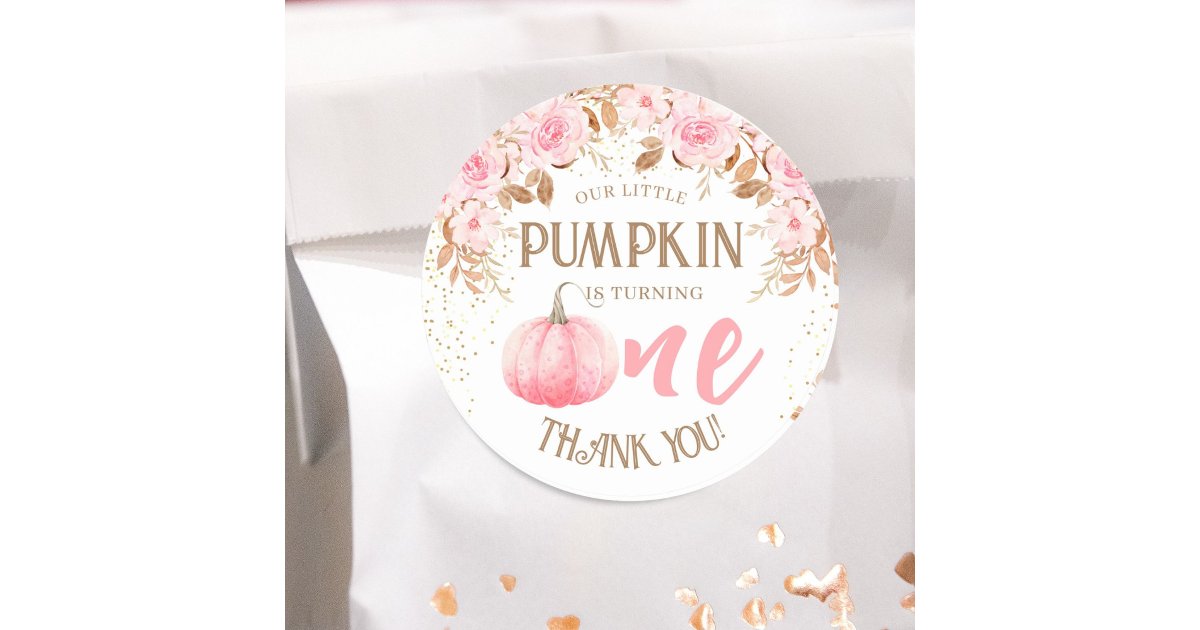 Pumpkin Pink & Gold Girl Floral Fall 1st Birthday Classic Round Sticker ...