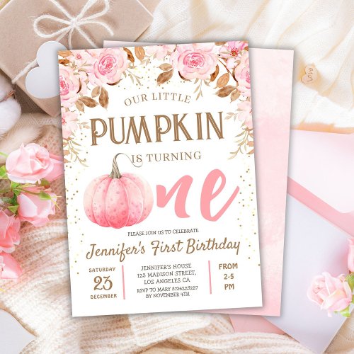 Pumpkin Pink  Gold Girl Floral Fall 1st Birthday Invitation