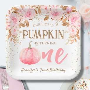 Pumpkin Pink & Gold Girl Floral Fall  1st Birthday Paper Plates