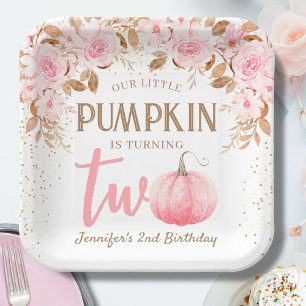 Pumpkin Pink & Gold Girl Floral Fall 2nd Birthday Paper Plates