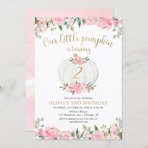 Pumpkin pink gold white floral any age birthday invitation