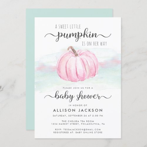 Pumpkin Pink Mint Watercolor Baby Girl Shower Invitation