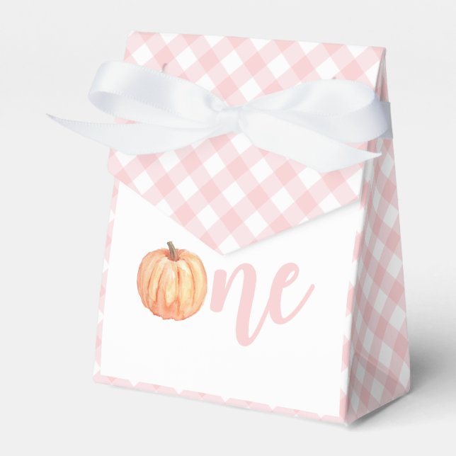 Pumpkin pink plaid first birthday favor box (Front Side)