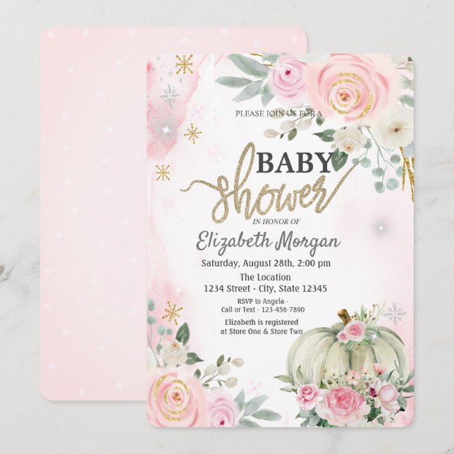  Pumpkin Pink Roses Polka Dots Baby Shower Invitation (Front/Back)