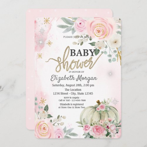  Pumpkin Pink Roses Polka Dots Baby Shower Invitation