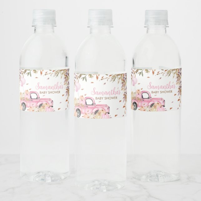 Pumpkin Pink Truck Baby Shower Water Bottle Label (Bottles)