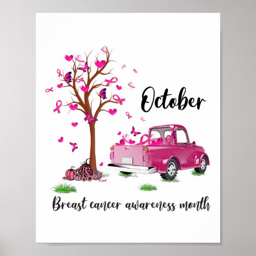 Pumpkin Pink Truck October Breast Cancer Awareness Poster