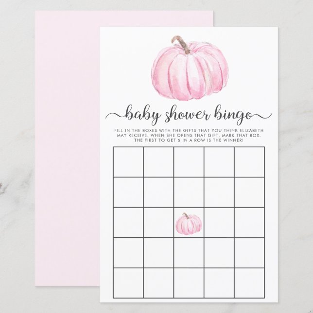 Pumpkin Pink Watercolor Bingo Baby Shower Game (Front/Back)