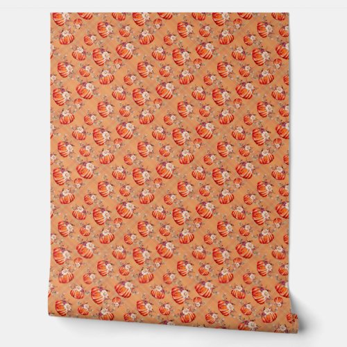 Pumpkin plaid floral orange cream fall pattern wallpaper 