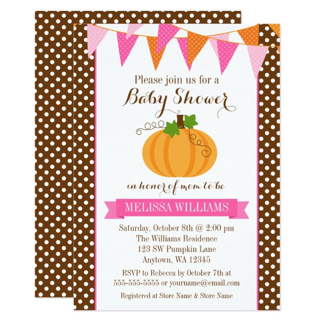 Pumpkin Polka Dot Bunting Girl Fall Baby Shower Invitation