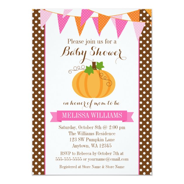 Pumpkin Polka Dot Bunting Girl Fall Baby Shower Invitation