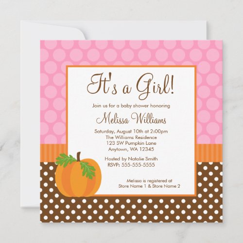 Pumpkin Polka Dot Fall Girl Baby Shower Invitation