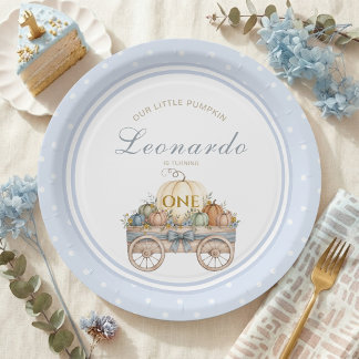 Pumpkin Polka Dot First Birthday Blue Boy Paper Plates