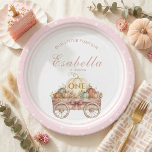 Pumpkin Polka Dot First Birthday Pink Girl Paper Plates