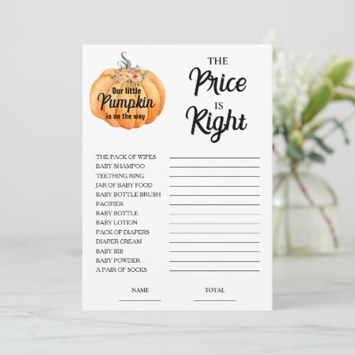Pumpkin Price is Right Baby Shower Game Card 