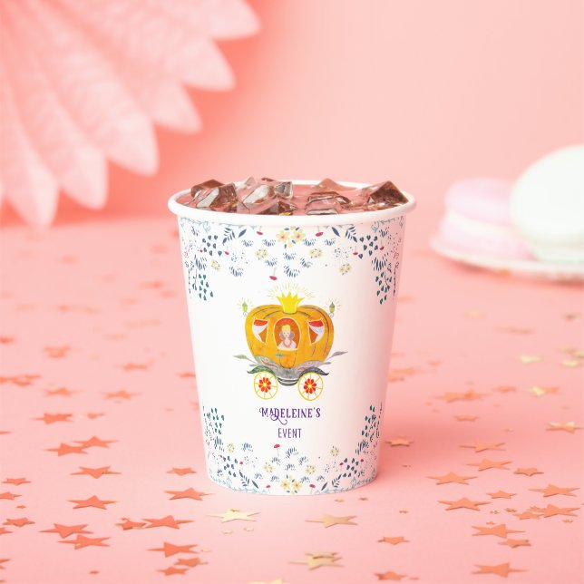 Pumpkin Princess Carriage Wildflowers Birthday Paper Cups (Insitu)