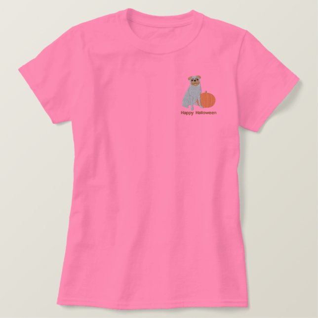 Pumpkin Pug Embroidered Shirt (Long Sleeve) (Design Front)