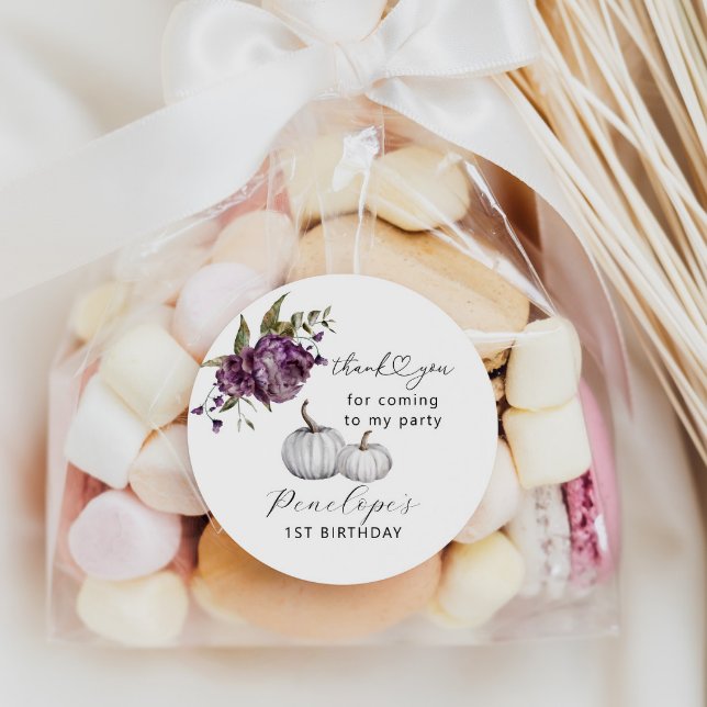 Pumpkin Purple Floral Birthday Party Favor Classic Round Sticker (Creator Uploaded)