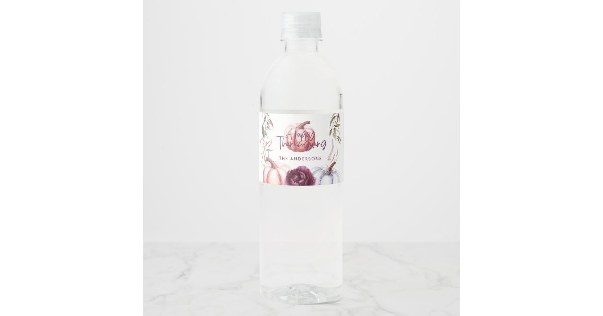 pumpkin purple floral fall thanksgiving water bottle label | Zazzle