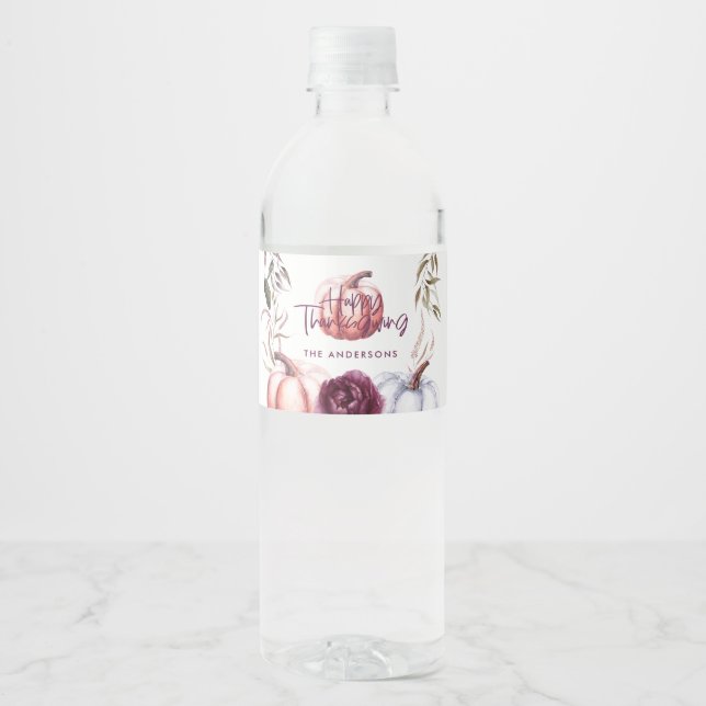 pumpkin purple floral fall thanksgiving water bottle label (Front)