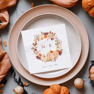 Pumpkin & Purple Floral Wreath Monogram Wedding Napkins