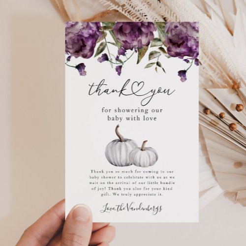Pumpkin Purple Flower Baby Shower Thank You Card