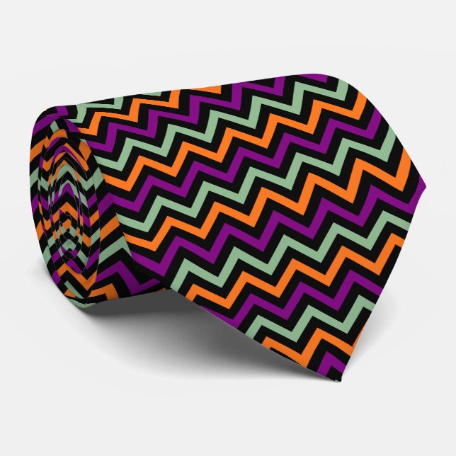 Pumpkin, Purple, Green and Black Chevron Stripes Neck Tie (Rolled)